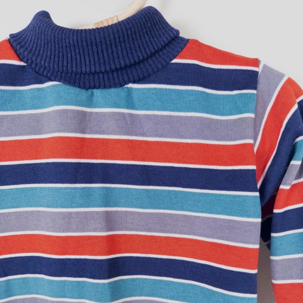 Vintage Health-tex Striped Turtle Neck Top 90s Navy Red Teal Made in USA Kids 3T